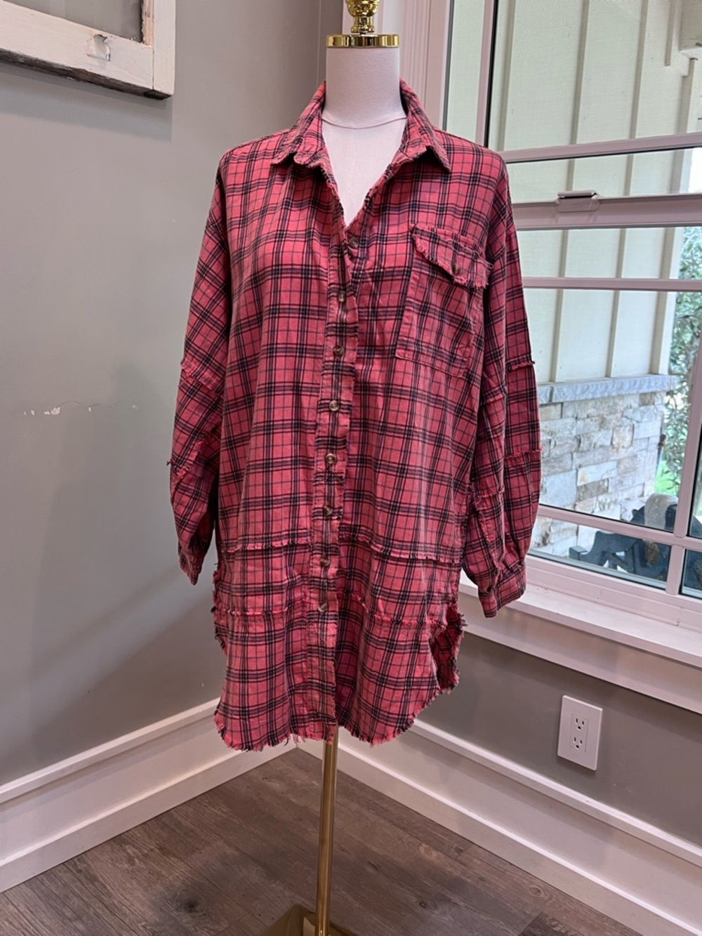 TALULAH Coral, Teal and Black Plaid Button-Down over sized, raggedy edge, Shirt